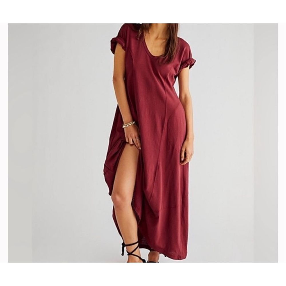 Free Peolpe Beach Meadow tee maxi dress in wild Garnet XS with pockets - Picture 9 of 9